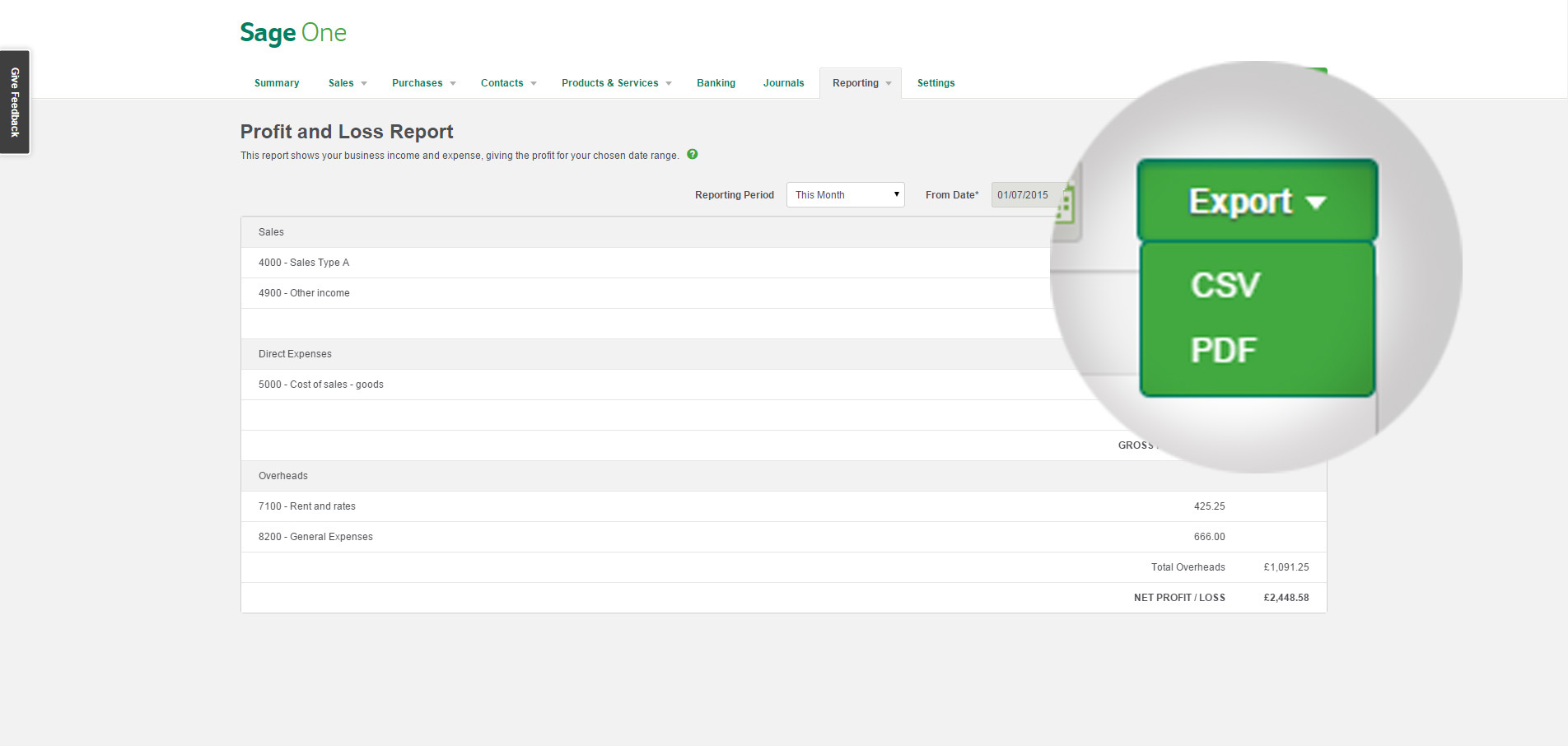 Sage One allows you to quickly generate all the reports that you need to send your client. Export to CSV or PDF.